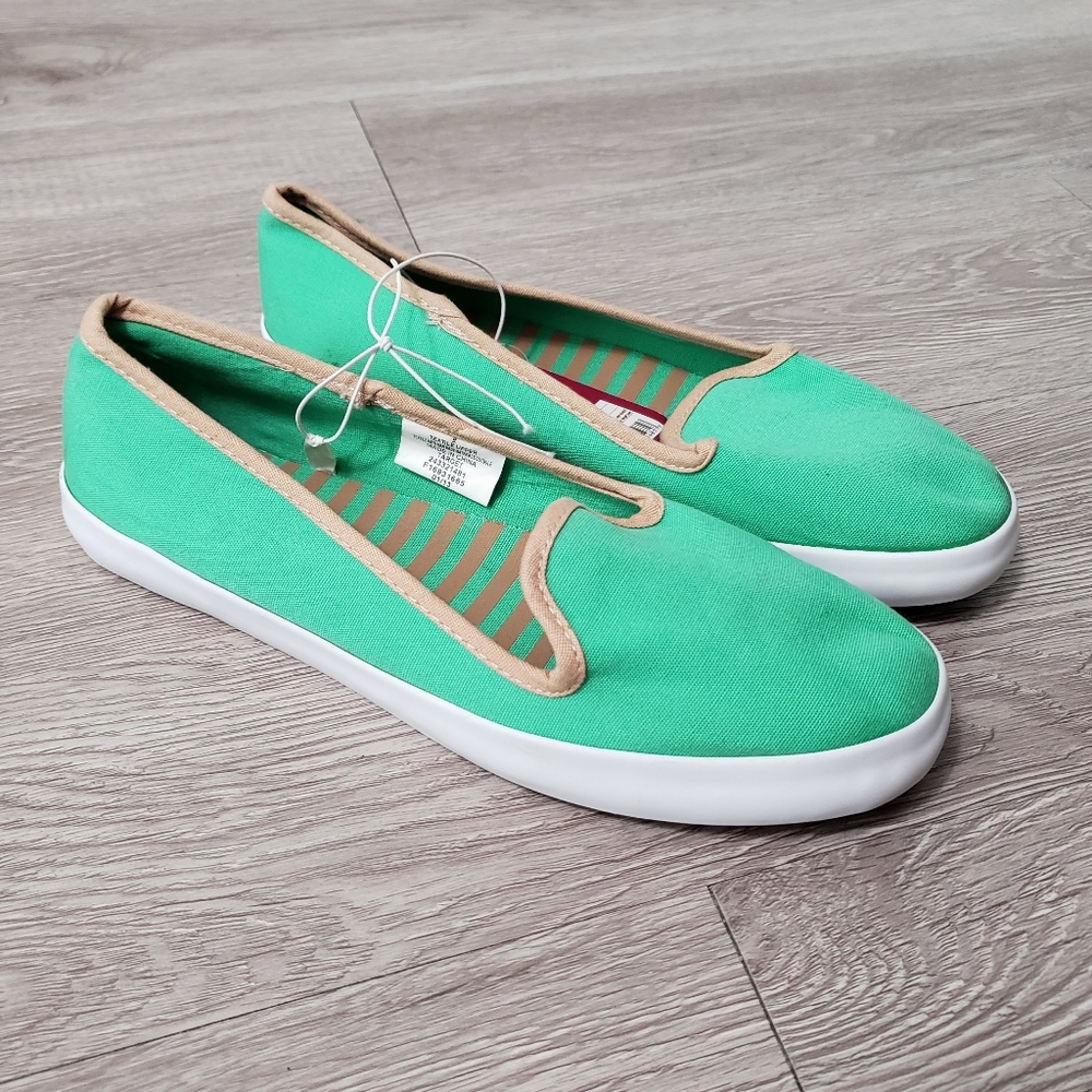 NWT Merona size 9 mint green white canvas slip on flats beach summer pool resort